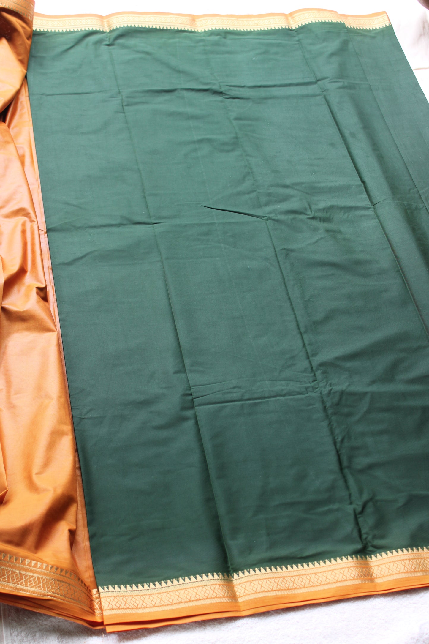 Dark green Premium Mysore silk saree with Small traditional border with contrast blouse