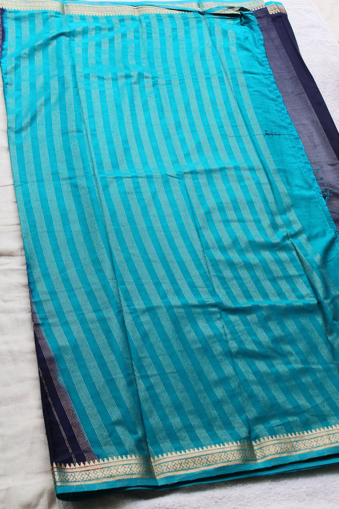 Ink Blue Premium Mysore silk saree with Small traditional border with contrast blouse