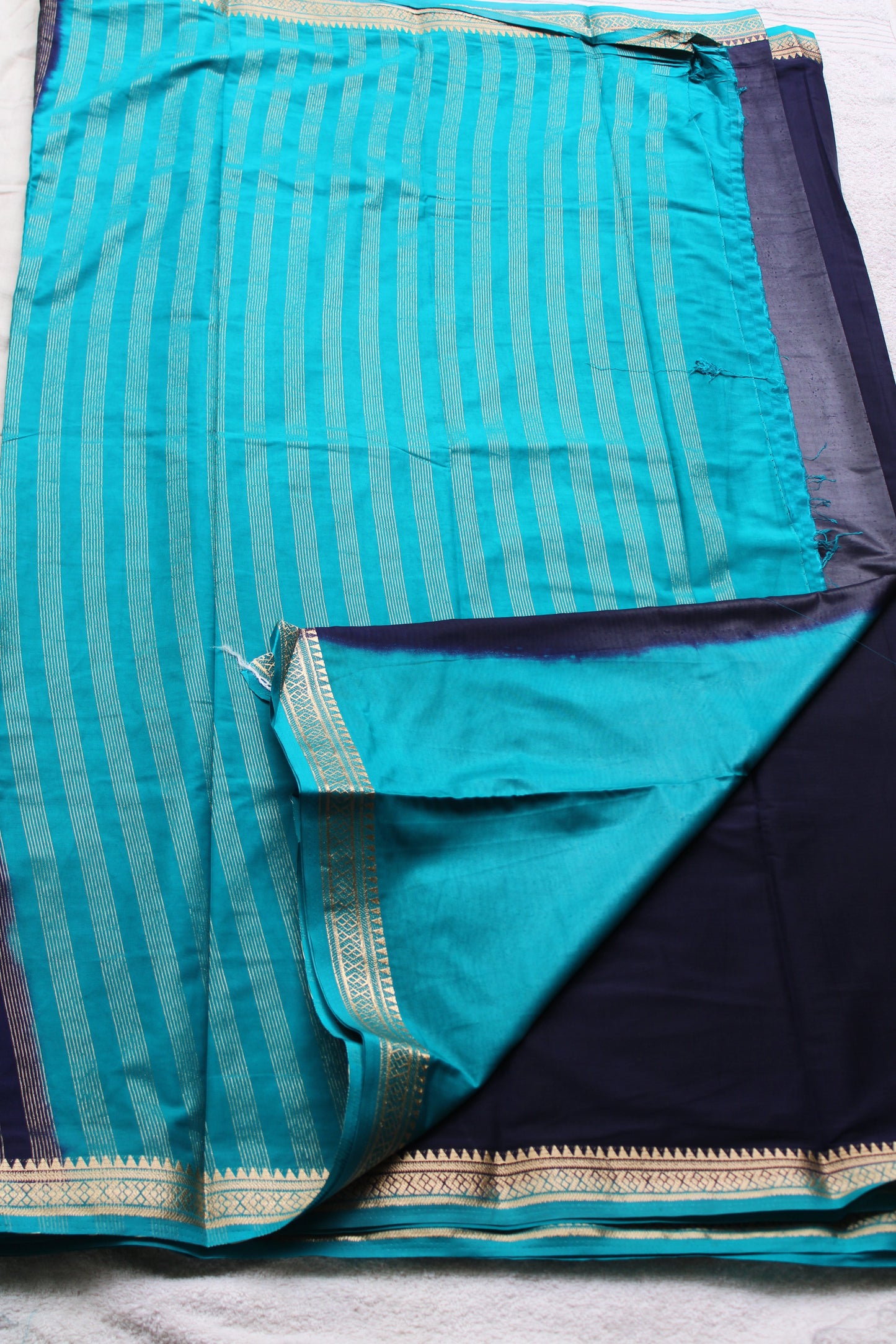 Ink Blue Premium Mysore silk saree with Small traditional border with contrast blouse