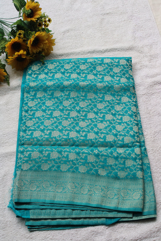 Sea Green Semi Georgette Flower Zaal Design Saree