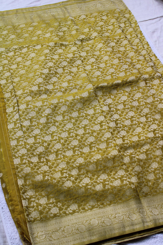 Golden Yellow Semi Georgette Flower Zaal Design Saree
