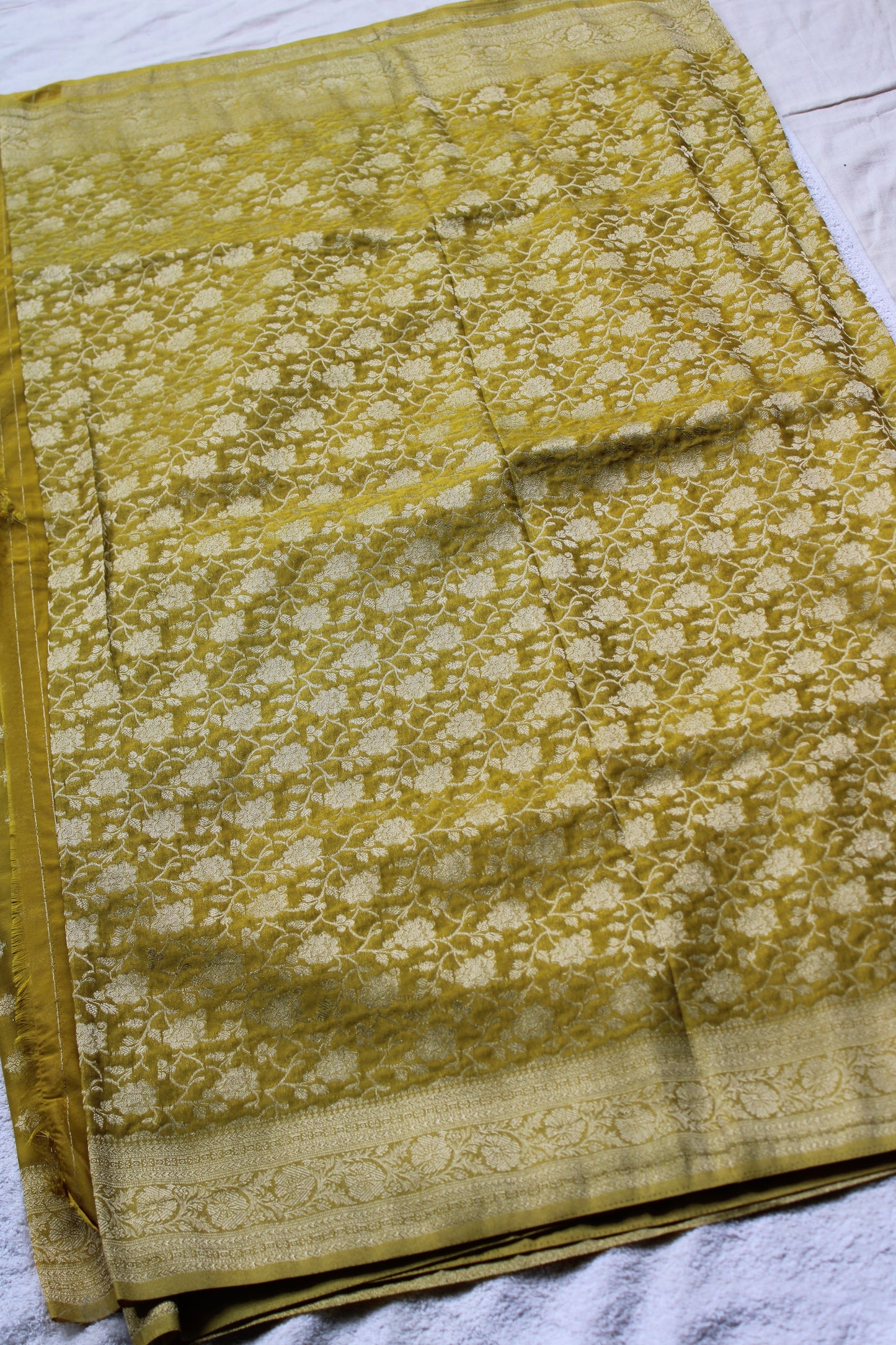 Golden Yellow Semi Georgette Flower Zaal Design Saree
