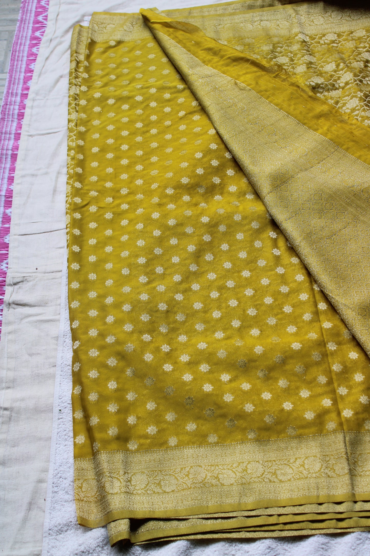 Golden Yellow Semi Georgette Flower Zaal Design Saree