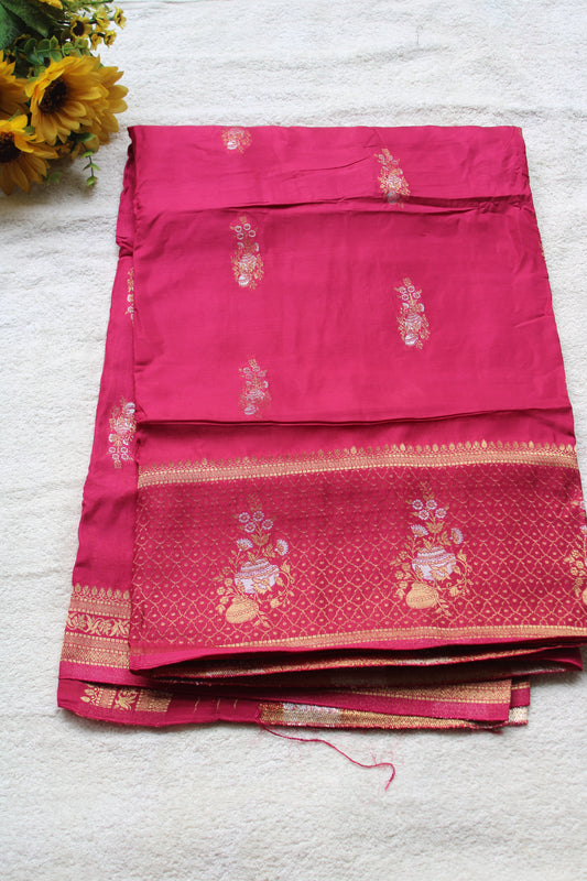 Pink Banarasi Russian crape saree with checked and floral border