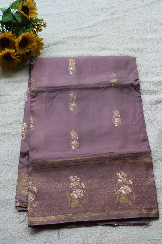 Onion Pink Banarasi Russian crape saree with checked and floral border