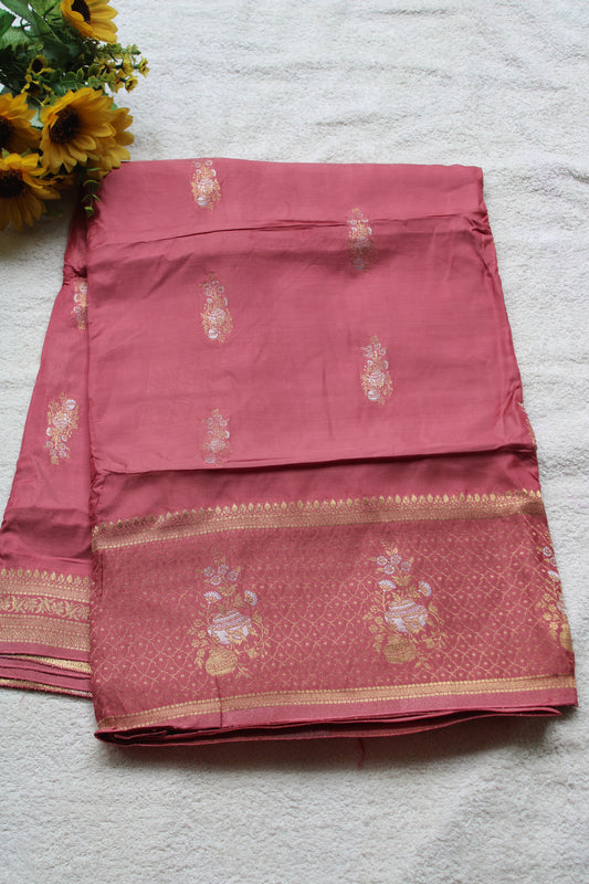 Pink Banarasi Russian crape saree with checked and floral border