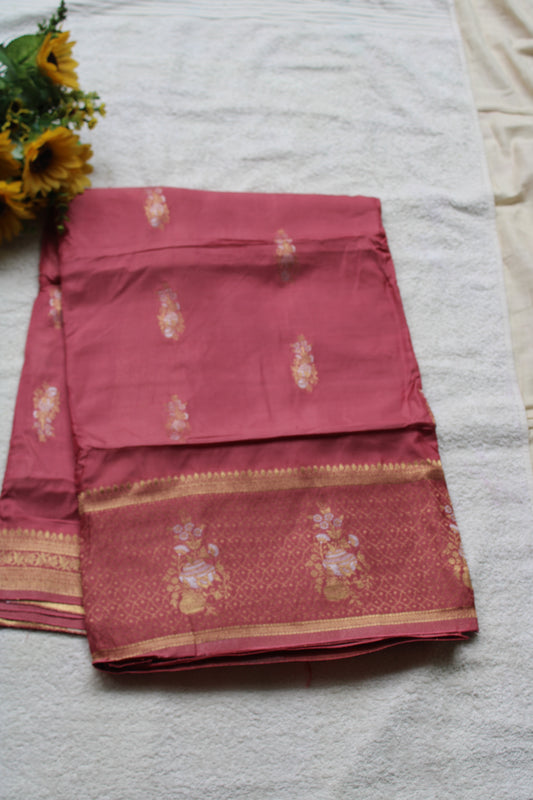 Pink Banarasi Russian crape saree with checked and floral border