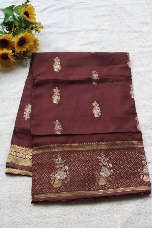 Chocolate Brown Banarasi Russian crape saree with checked and floral border