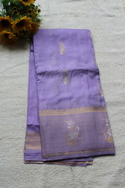 Lavender Banarasi Russian crape saree with checked and floral border