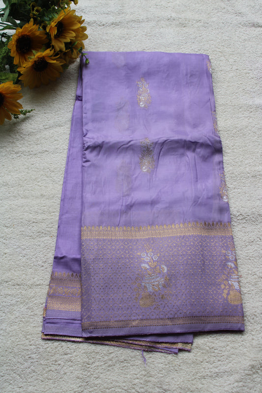 Lavender Banarasi Russian crape saree with checked and floral border