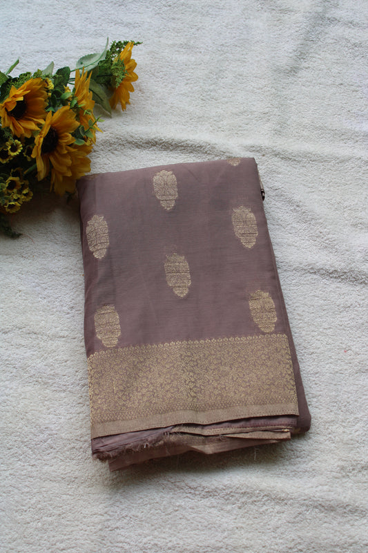 Mauve Banarasi Russian crape saree with checked and floral border