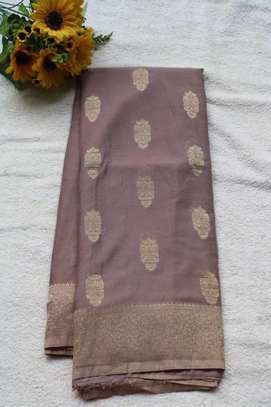 Mauve Banarasi Russian crape saree with checked and floral border