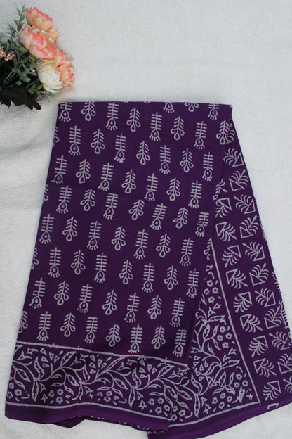 Purple Block print Mulmul Cotton saree