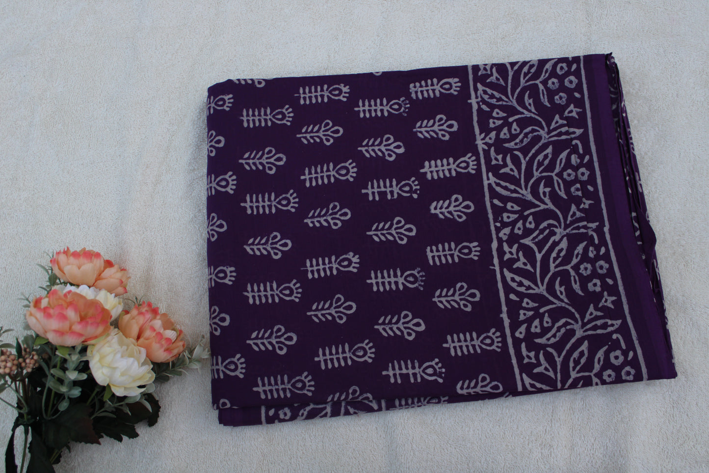 Purple Block print Mulmul Cotton saree