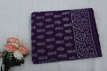 Purple Block print Mulmul Cotton saree