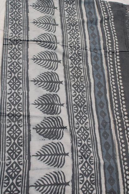 Grey leaf block printed mul cotton saree