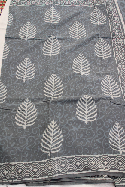 Grey leaf block printed mul cotton saree