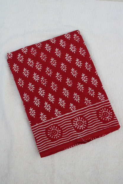 Red block printed mul cotton saree