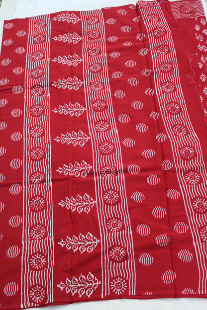 Red block printed mul cotton saree