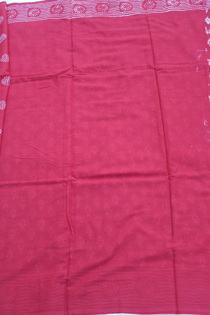 Red block printed mul cotton saree