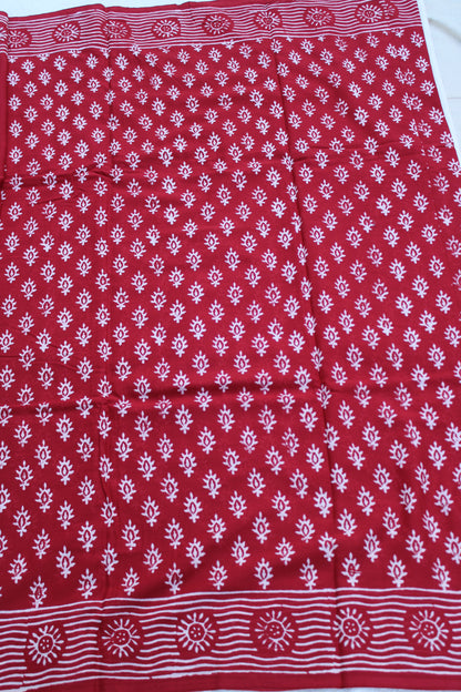 Red block printed mul cotton saree