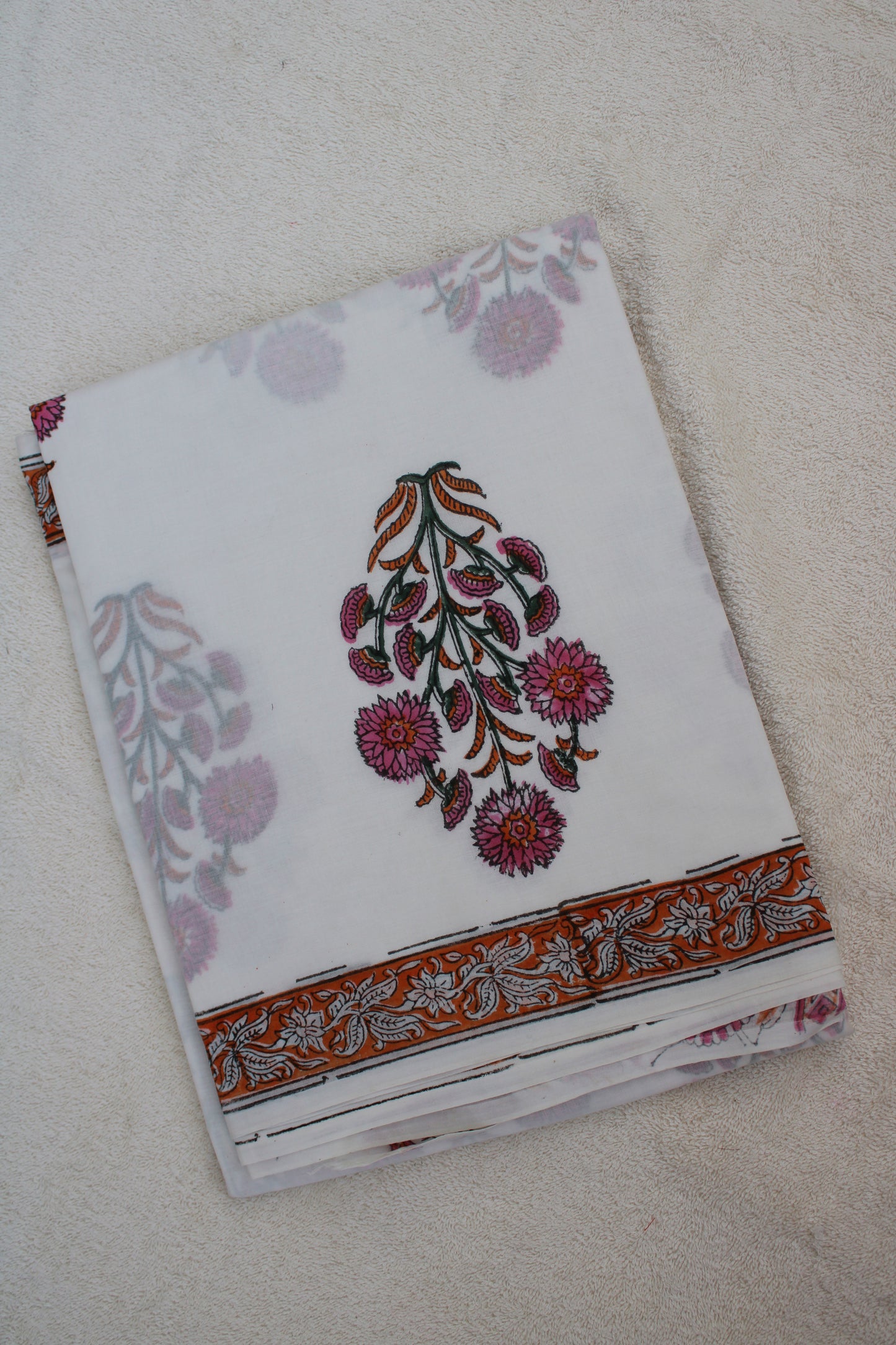 White block printed block printed mul cotton saree
