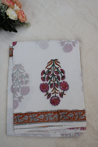 White block printed block printed mul cotton saree