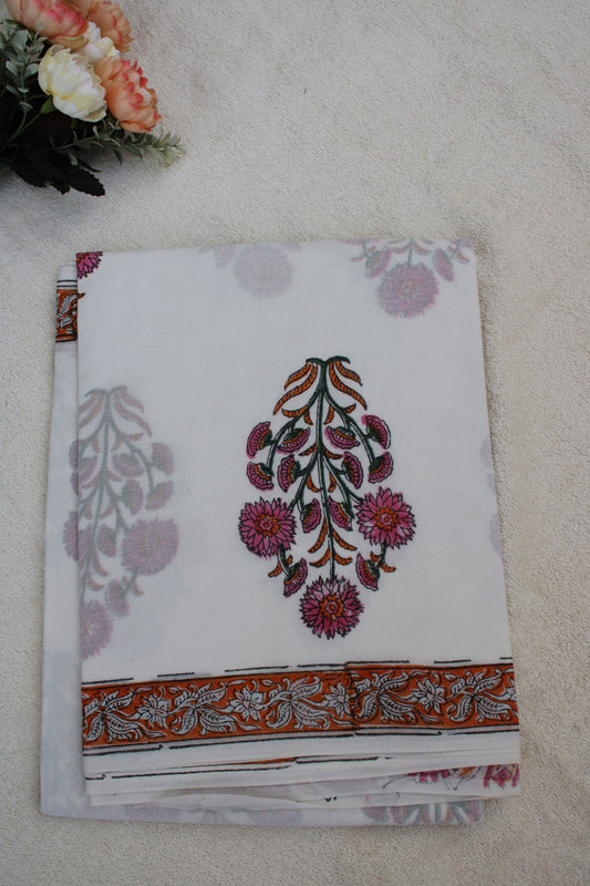 White block printed block printed mul cotton saree