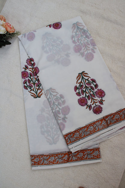 White block printed block printed mul cotton saree