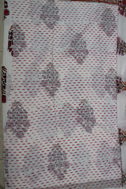 White block printed block printed mul cotton saree