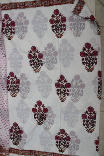 White block printed block printed mul cotton saree