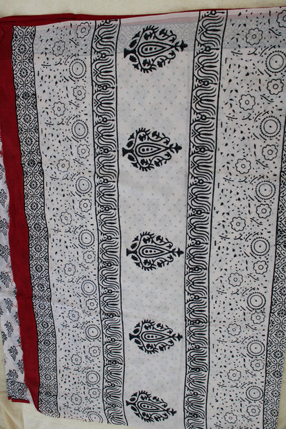 White hand block printed mul cotton saree leaf design
