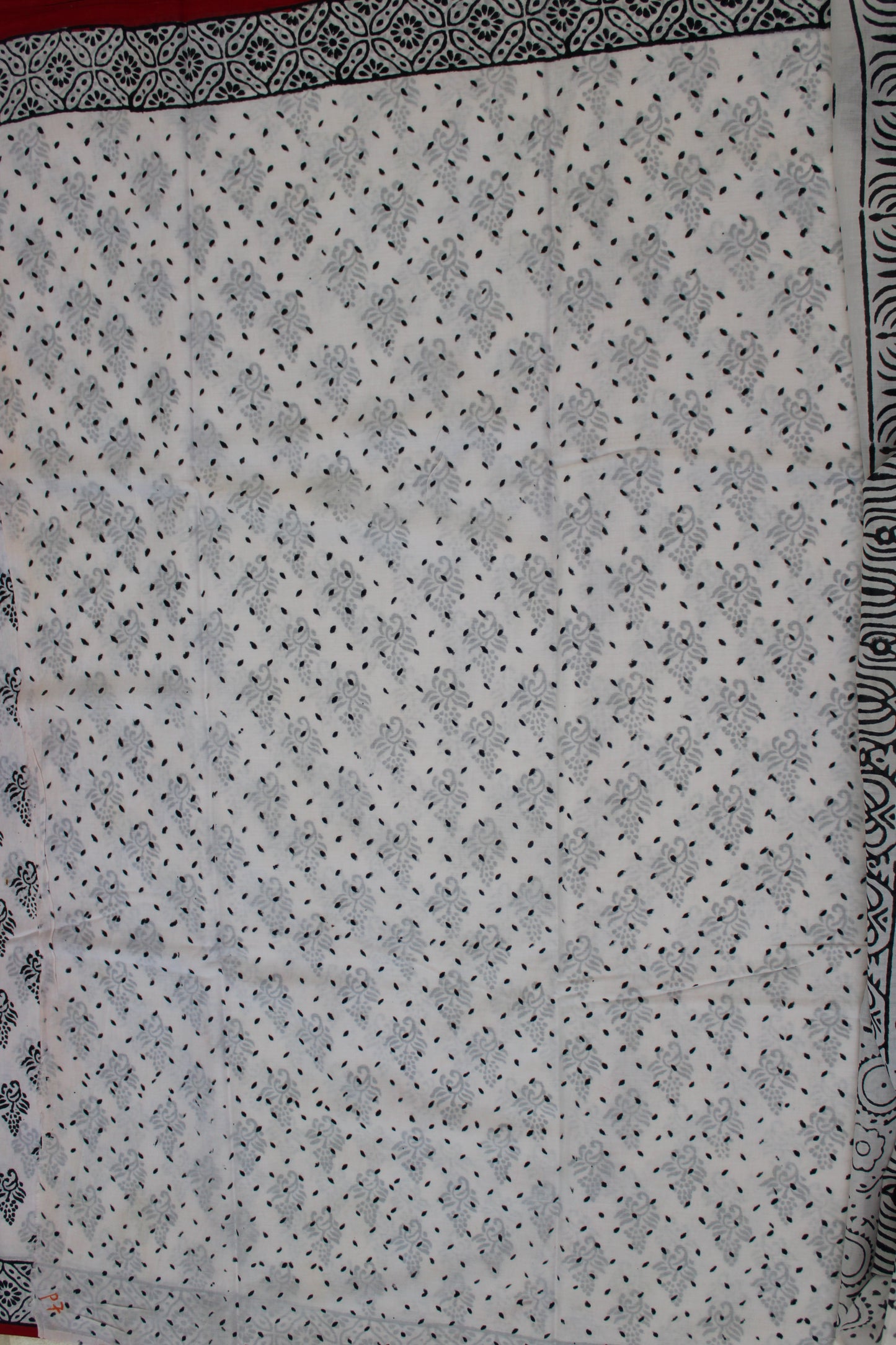 White hand block printed mul cotton saree leaf design