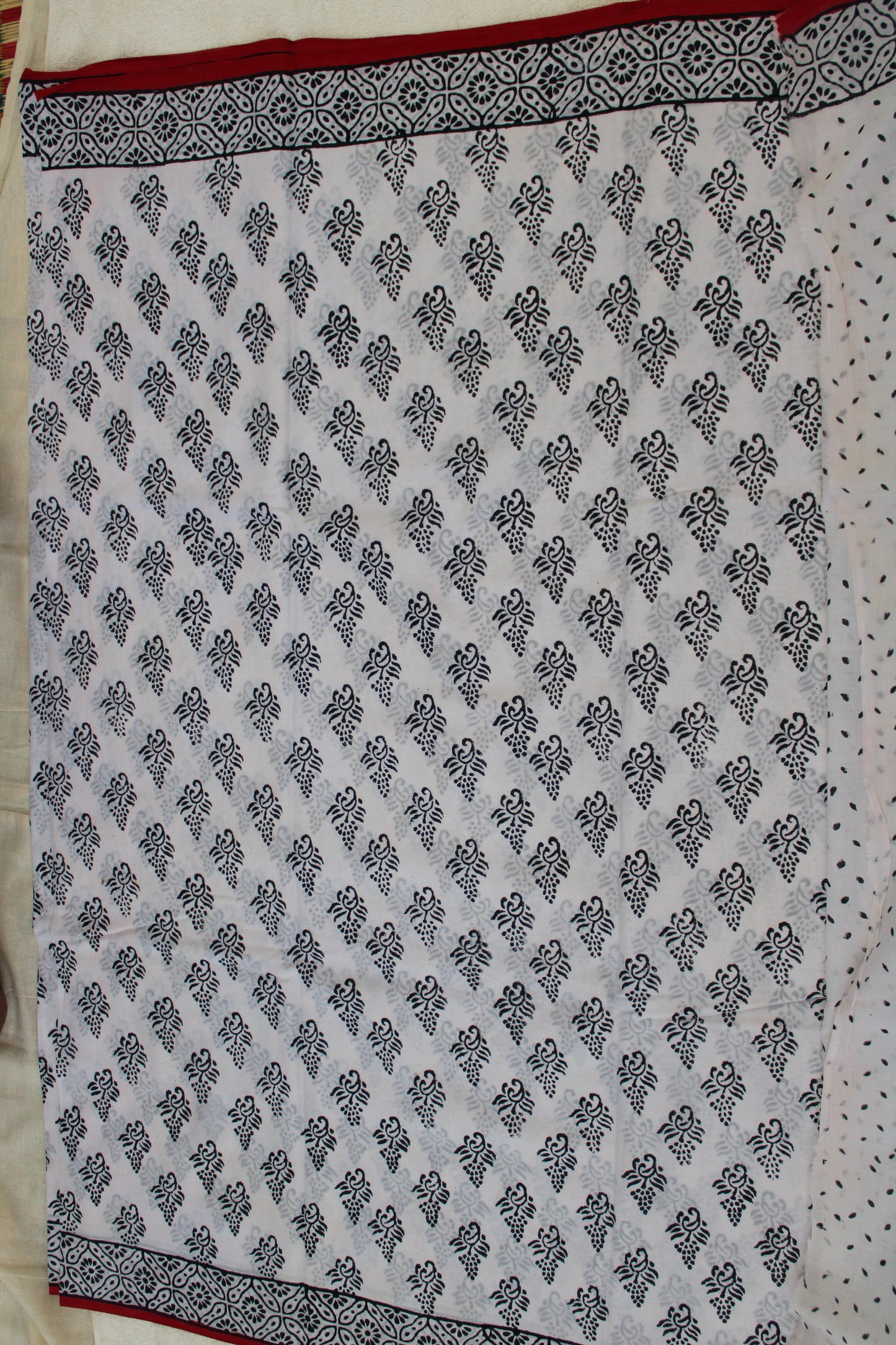 White hand block printed mul cotton saree leaf design