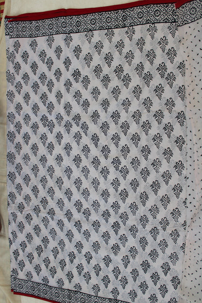 White hand block printed mul cotton saree leaf design