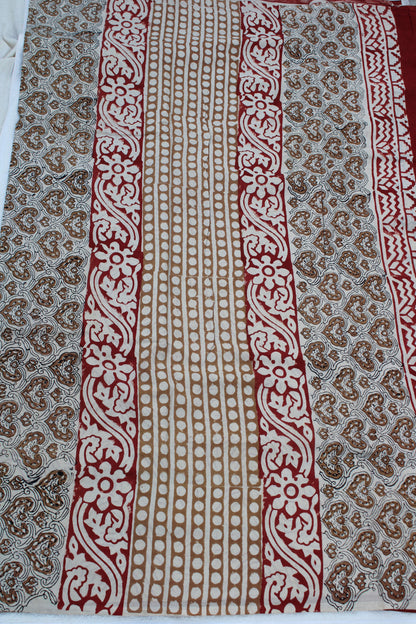 Beige with black and red combination hand block print Mul cotton saree