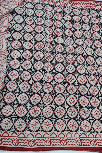 Beige with black and red combination hand block print Mul cotton saree