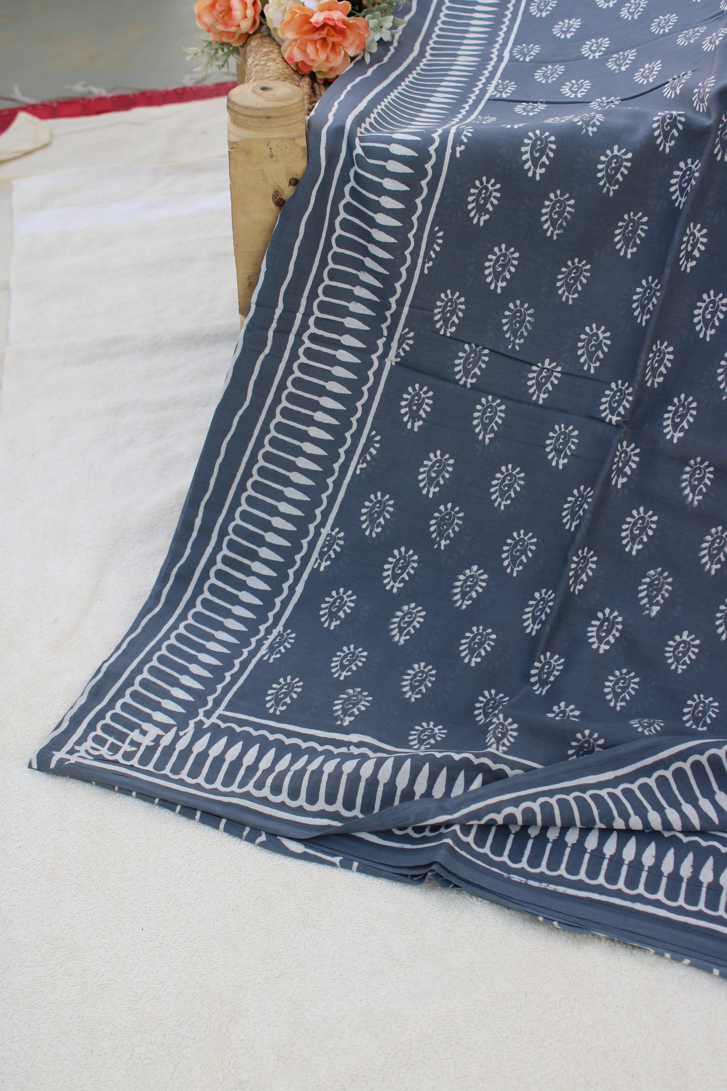 Grey hand block printed mul cotton saree