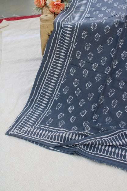 Grey hand block printed mul cotton saree
