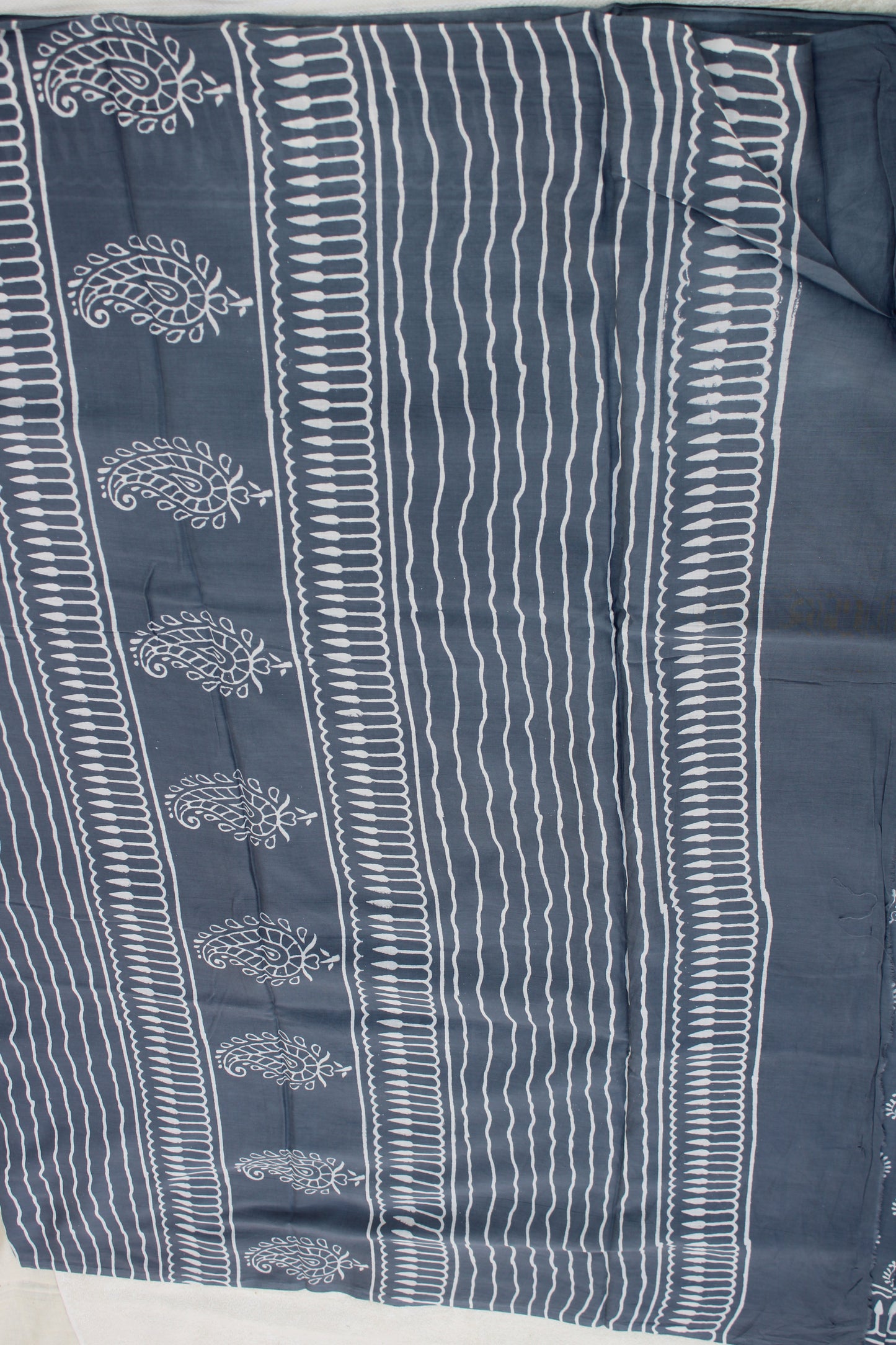Grey hand block printed mul cotton saree