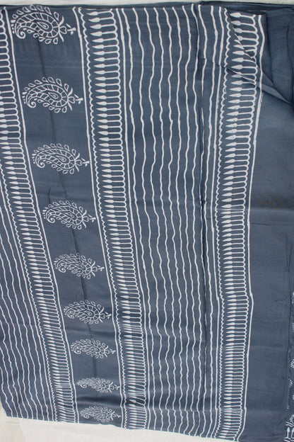 Grey hand block printed mul cotton saree
