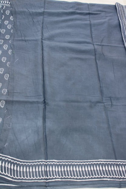 Grey hand block printed mul cotton saree