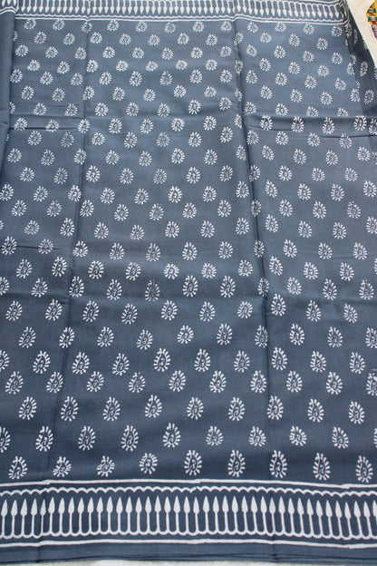 Grey hand block printed mul cotton saree