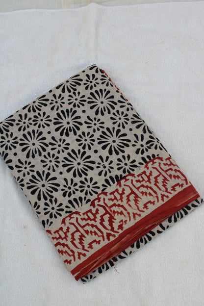 Beige with black hand block printed mul cotton saree
