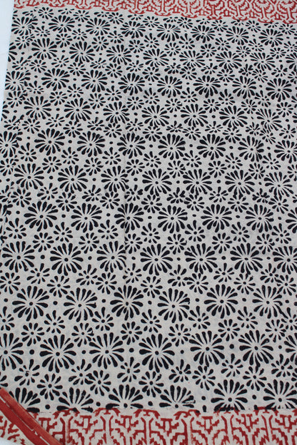 Beige with black hand block printed mul cotton saree