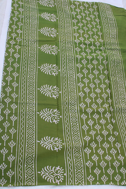 Green with white hand block printed mul cotton saree