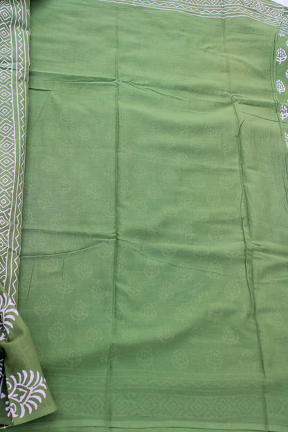 Green with white hand block printed mul cotton saree
