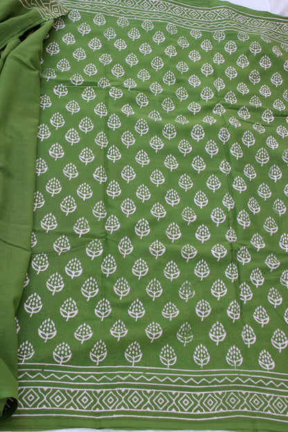 Green with white hand block printed mul cotton saree