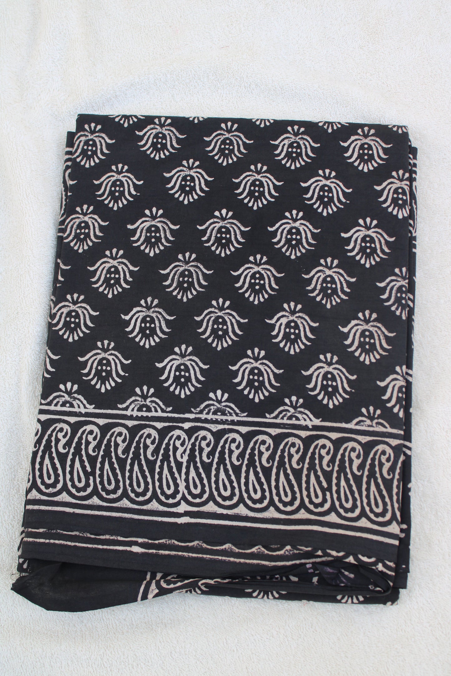 Black with white lotus hand block printed mul cotton saree