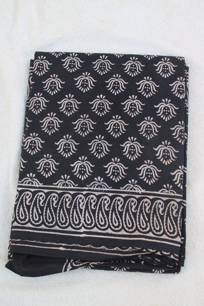 Black with white lotus hand block printed mul cotton saree